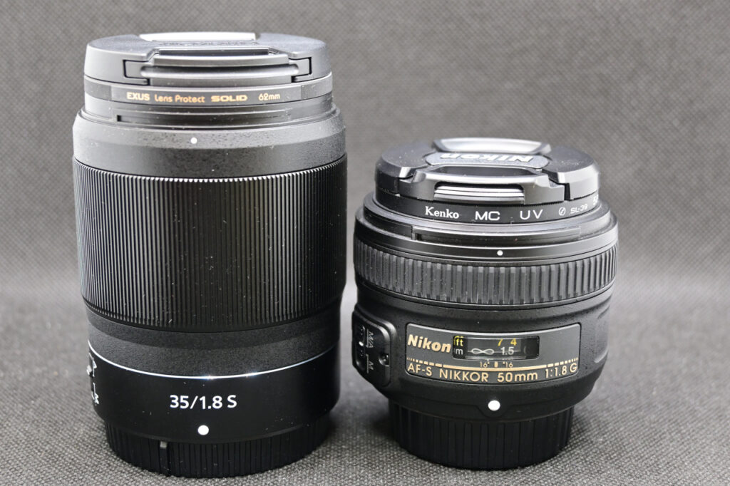 NIKKOR Z 35mm f/1.8SとAF-S NIKKOR 50mm f/1.8G のサイズ比較