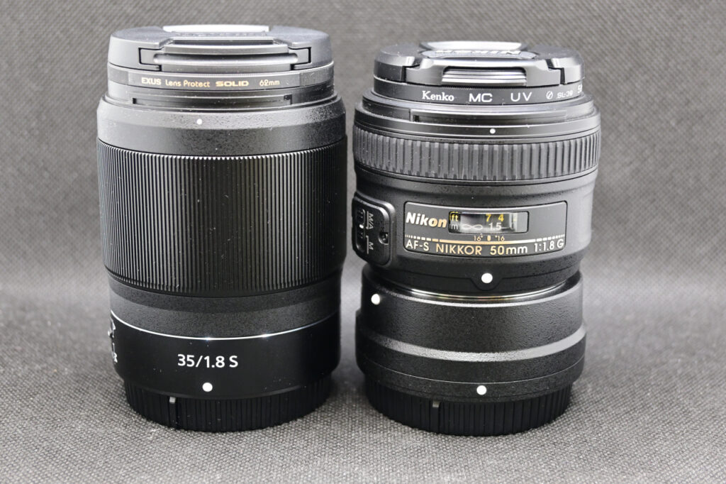NIKKOR Z 35mm f/1.8SとFTZ IIに付けたAF-S NIKKOR 50mm f/1.8G のサイズ比較