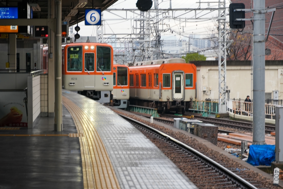SONY α6700+E 18-135mm 阪神電車のオレンジ車両が３連で並んでいる